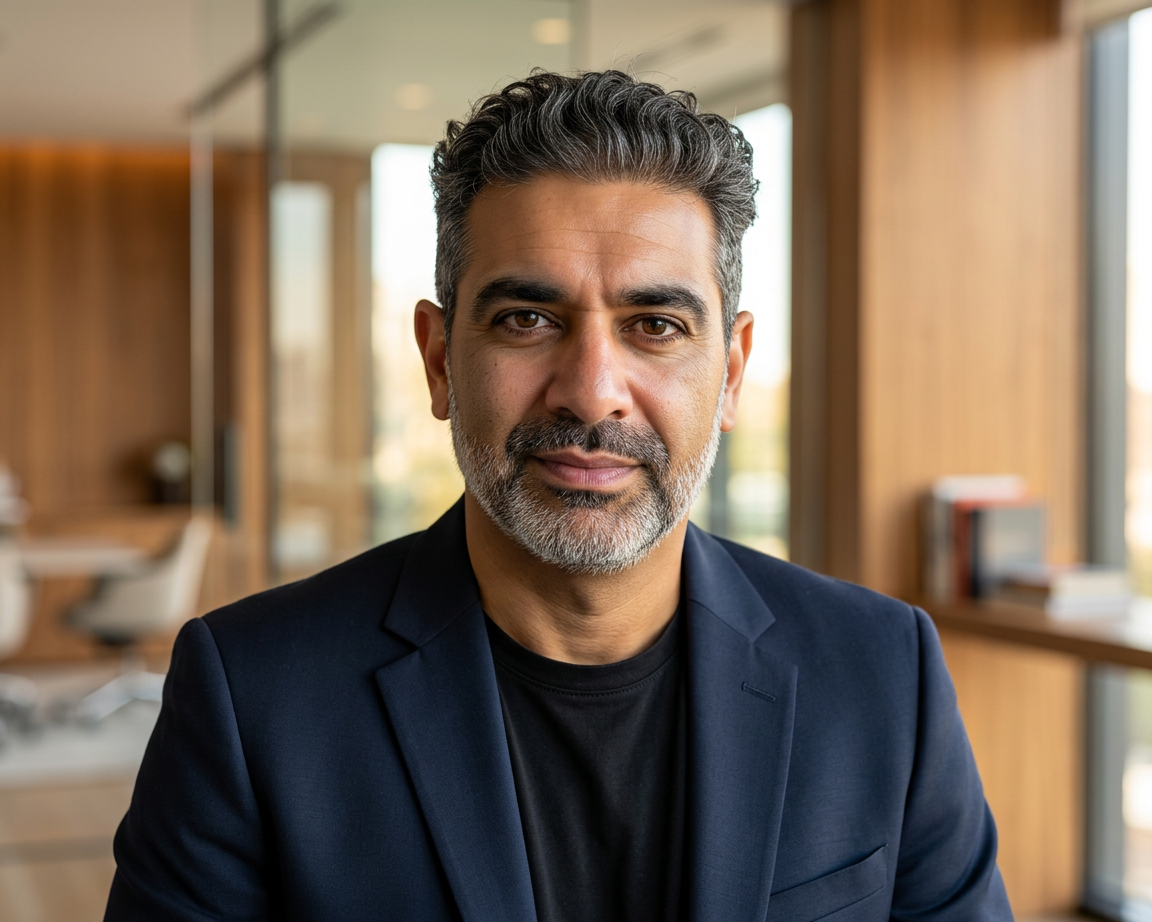 Moudy Elbayadi in a wood-paneled office wearing a navy blazer