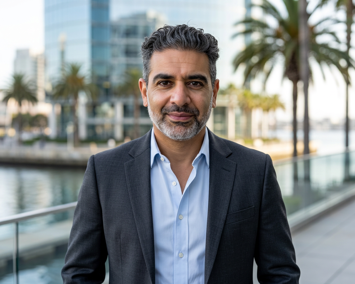 Moudy Elbayadi outdoor professional portrait near waterfront and palm trees